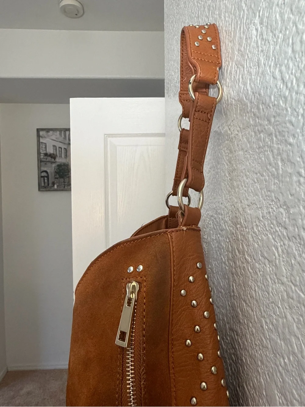 INC International Concepts Cognac Brown Suede Studded Hobo Bag